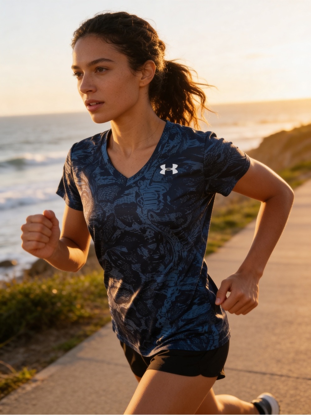 Under Armour HeatGear Blue Abstract Print V-Neck Athletic Tee Shirt Small